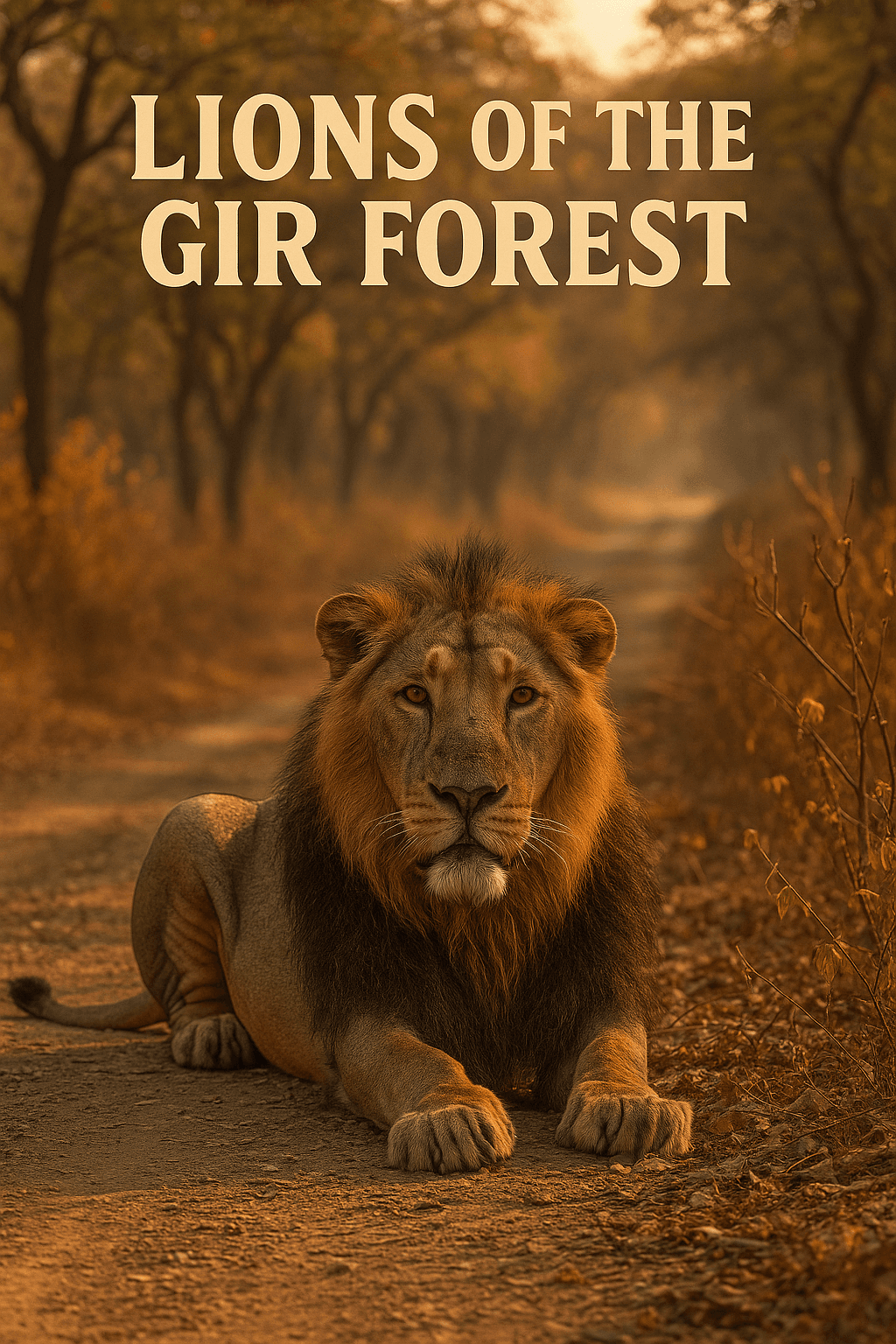 A majestic Asiatic lion resting on a dirt path in the Gir Forest