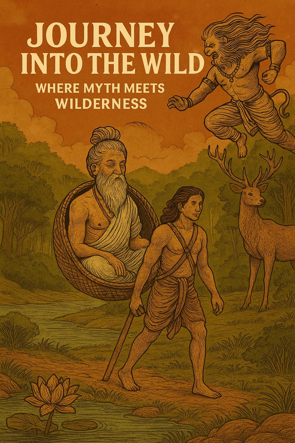 Illustration depicting Indian mythology within a forest wilderness
