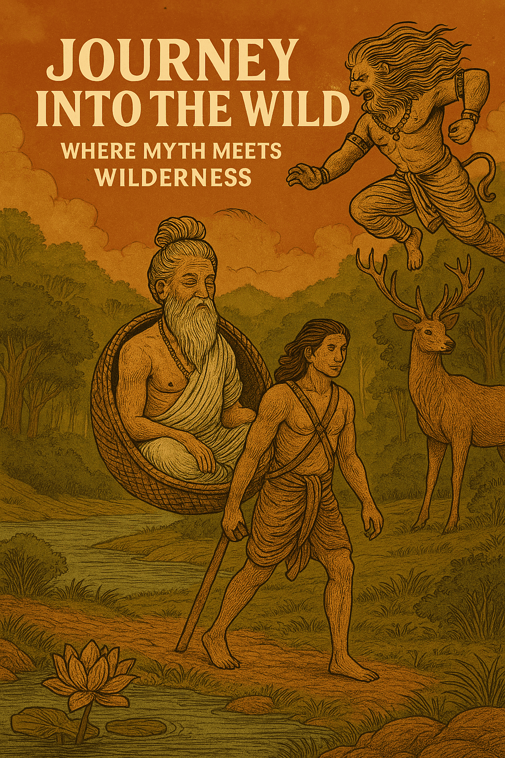 Illustration depicting Indian mythology within a forest wilderness
